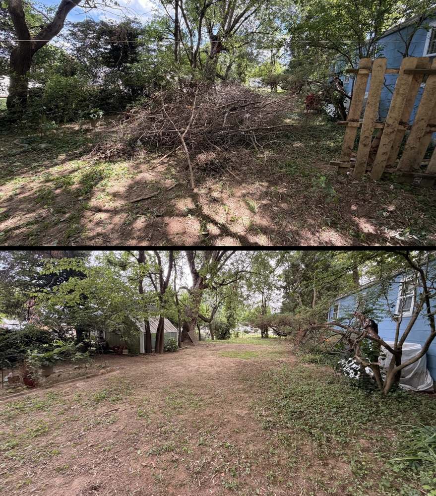Before and after of a large brush and branch pile in a back yard in Elkton, Maryland, and the same yard cleared and open