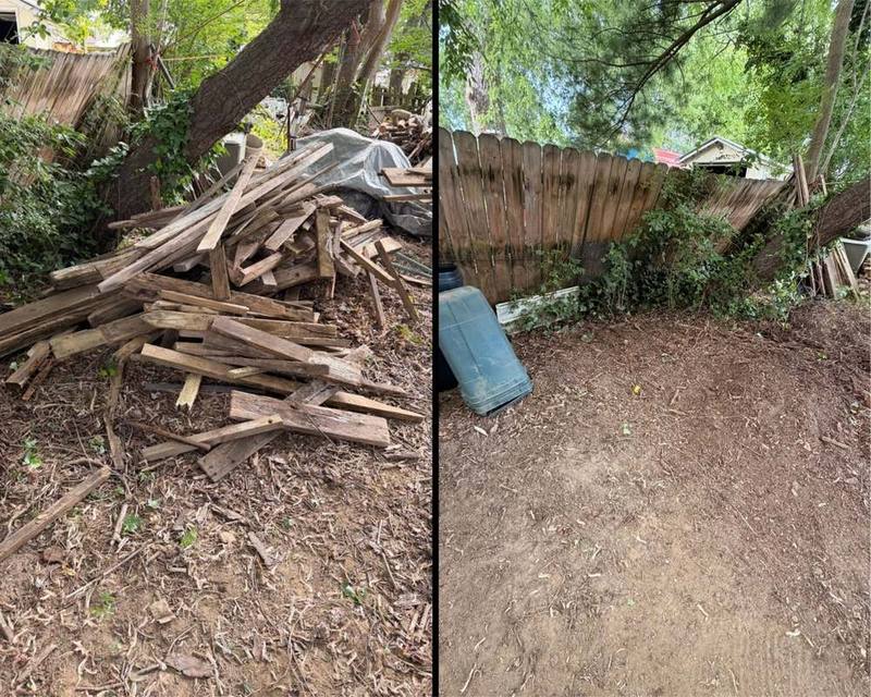 Before and after of a pile of weathered lumber along a fence line in Elkton, Maryland, and the same fence line cleared