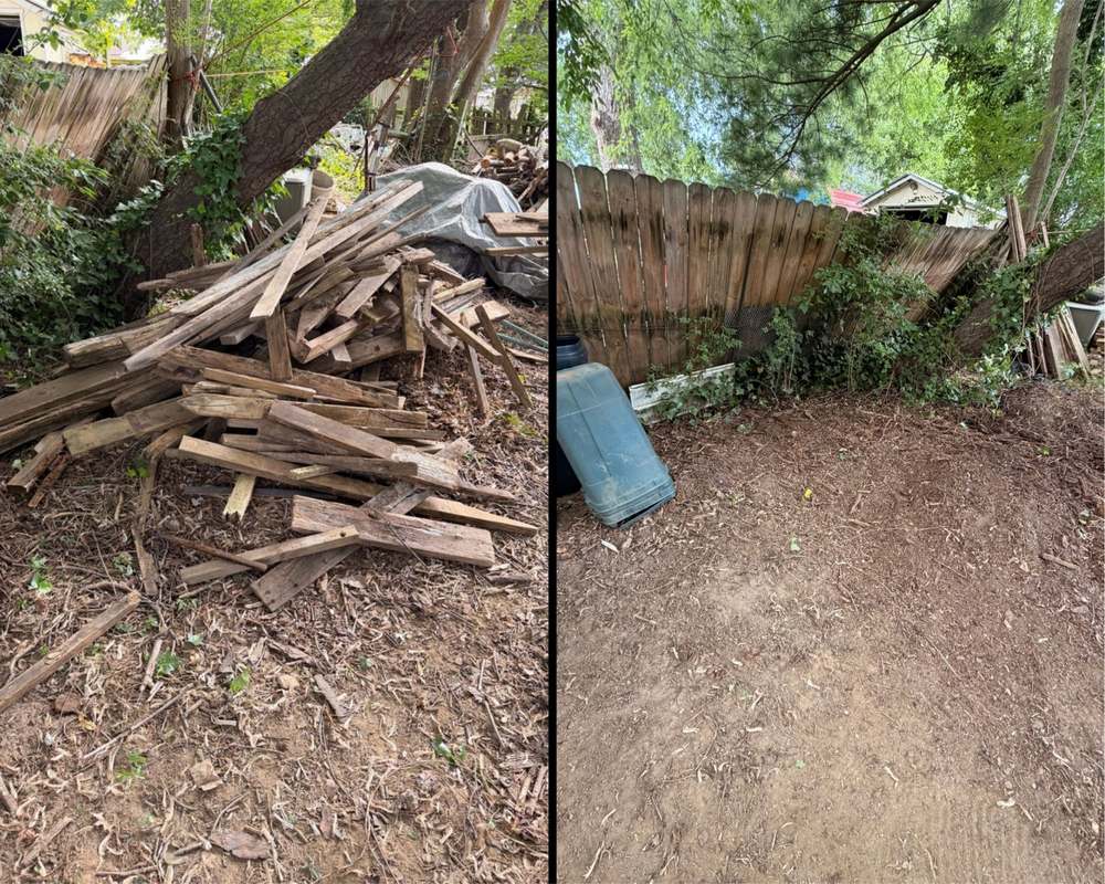 Before and after of a pile of weathered lumber along a fence line in Elkton, Maryland, and the same fence line cleared