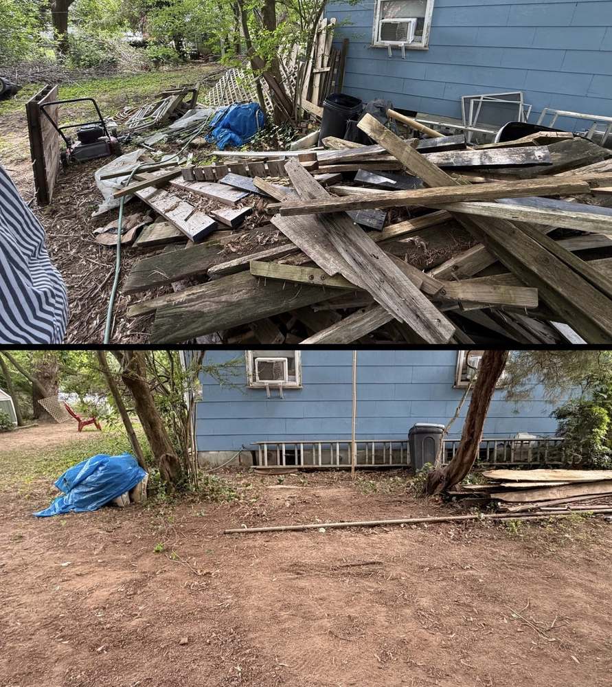 Before and after of a pile of rotted lumber, old windows and yard debris stacked against a blue house in Elkton, Maryland, and the same spot cleared to bare ground