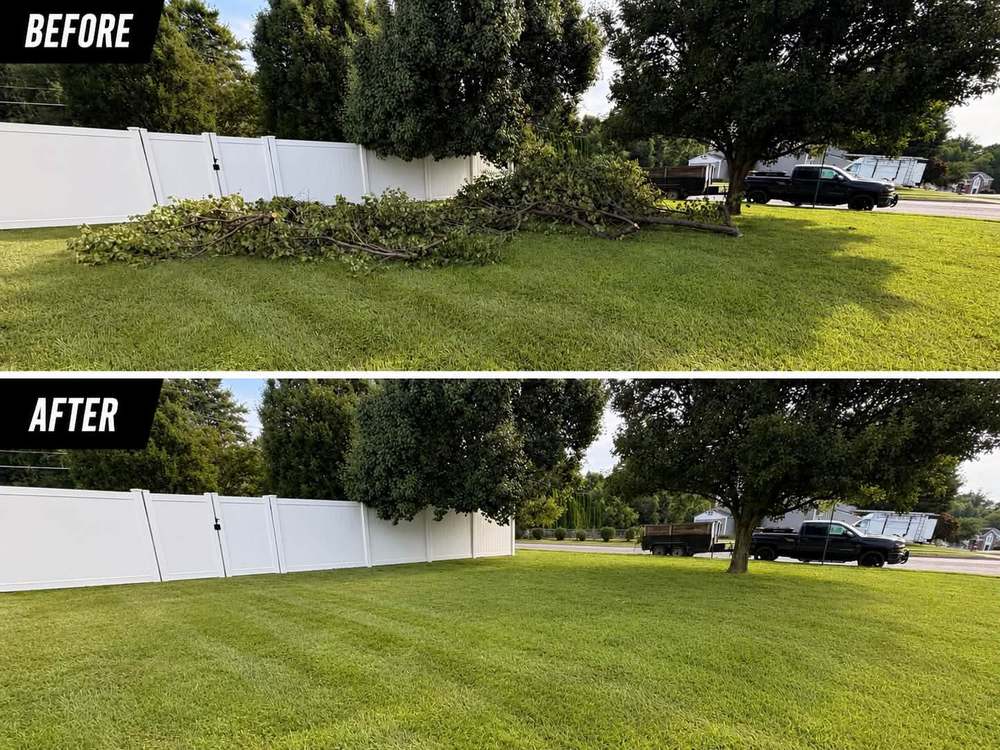Before and after of storm-damaged tree branches piled along a fence line in Perryville, Maryland, and the same yard cleared